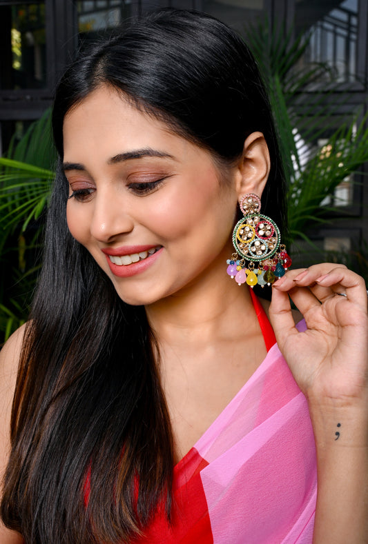Vibrant Multicolored Natural Hydraulic Stone Kundan Earrings
