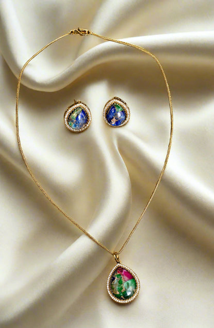 CZ Diamond Natural Doublet Stone Pendant Chain Set