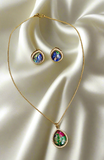 CZ Diamond Natural Doublet Stone Pendant Chain Set