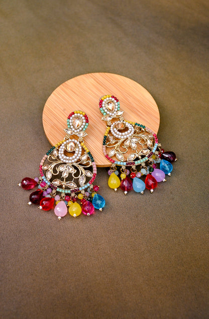 Vibrant Multicolored Natural Hydraulic Stones Kundan Earrings