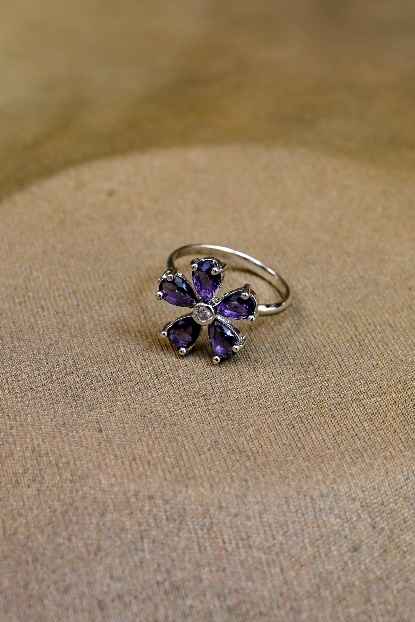 Floral Adjustable CZ Silver Ring
