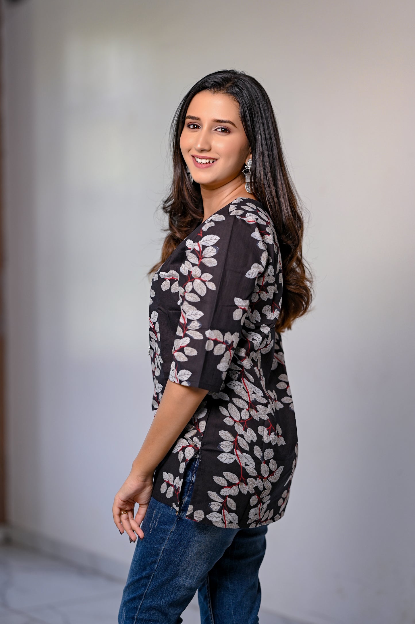 Black Floral Printed Cotton Short Kurti