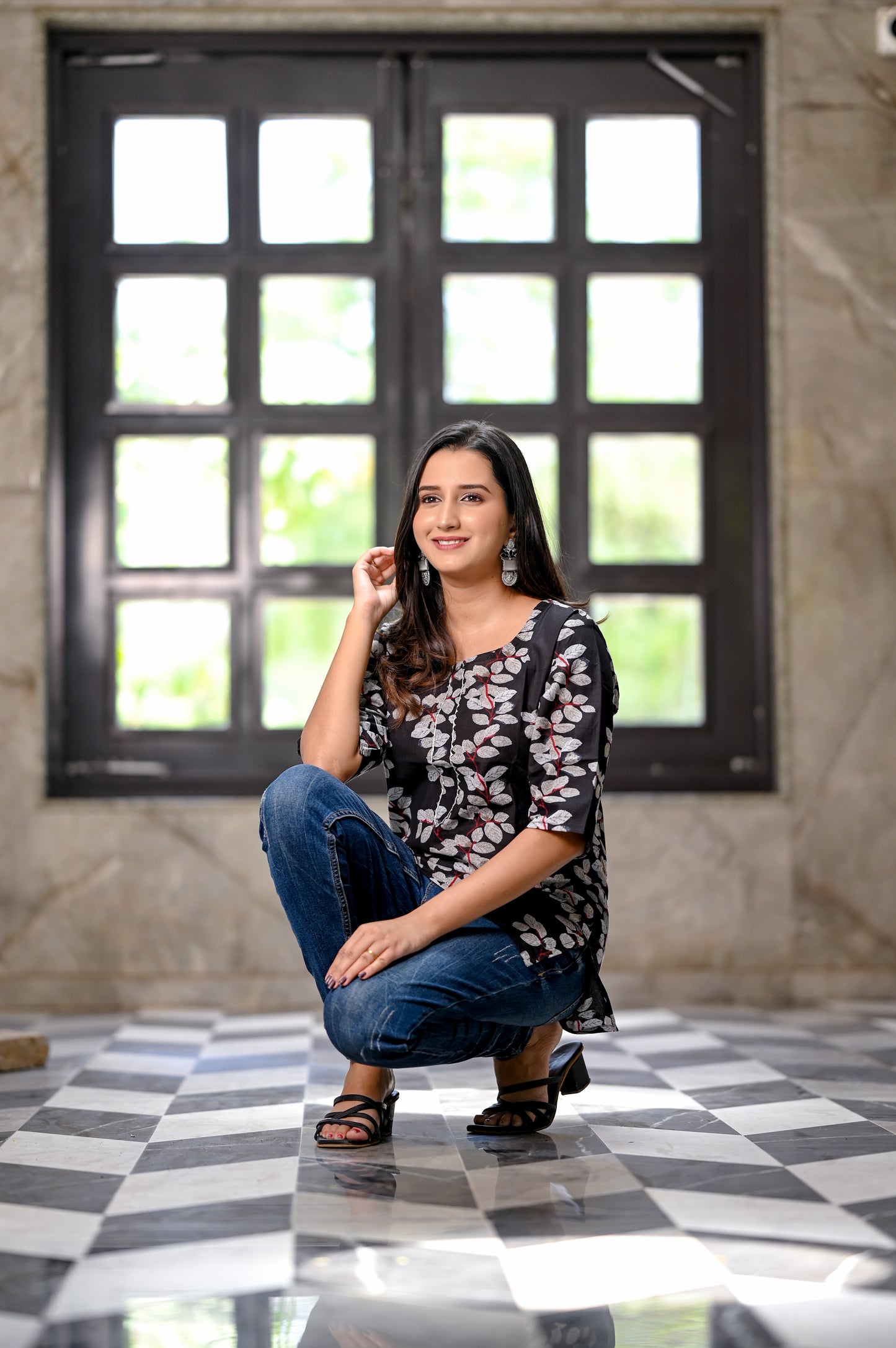 Black Floral Printed Cotton Short Kurti