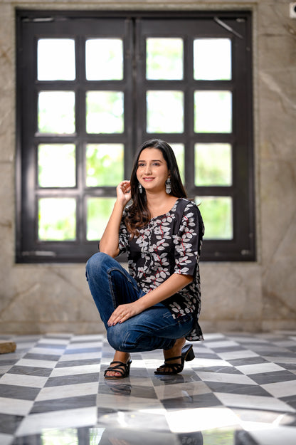 Black Floral Printed Cotton Short Kurti