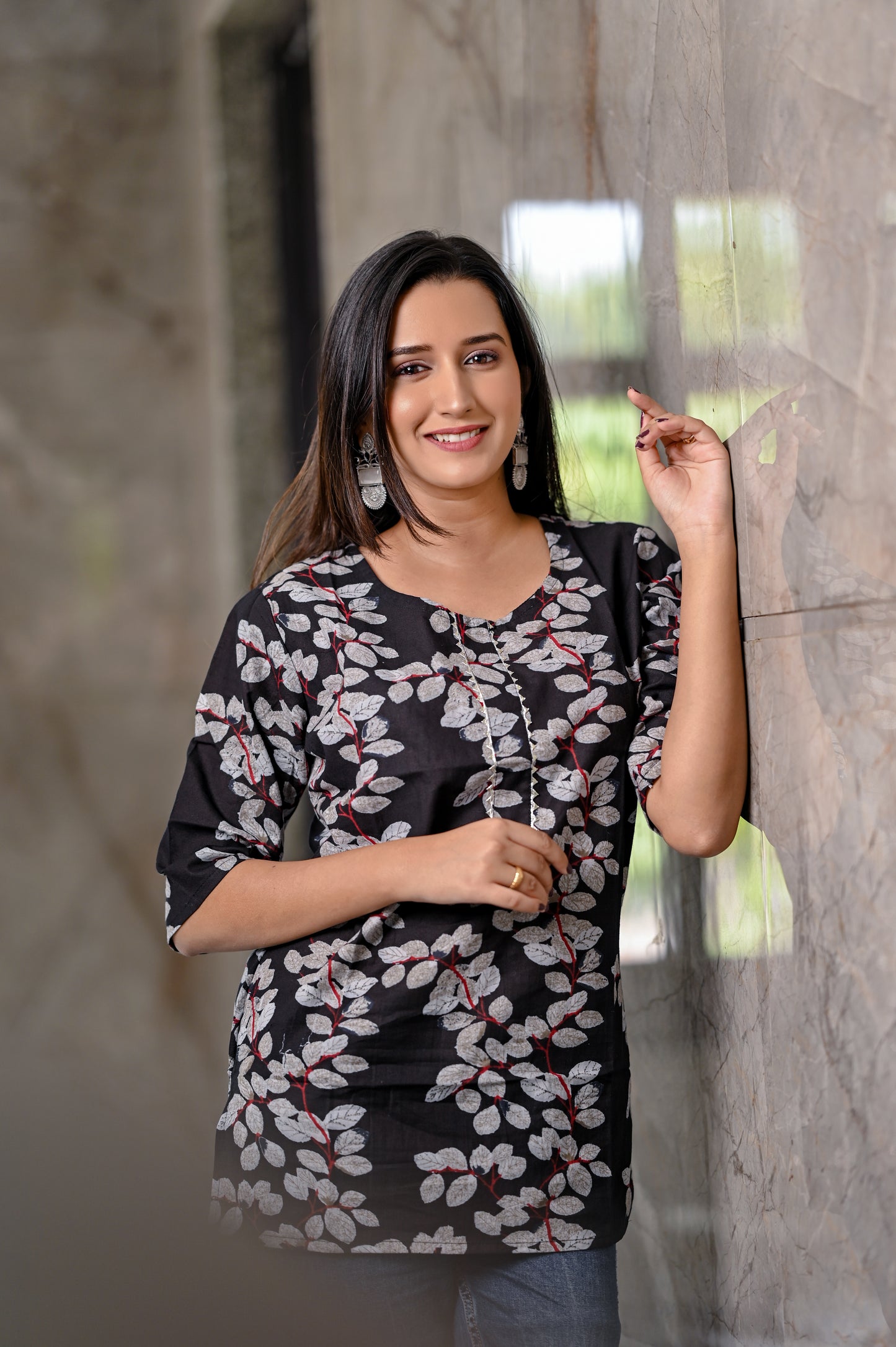 Black Floral Printed Cotton Short Kurti