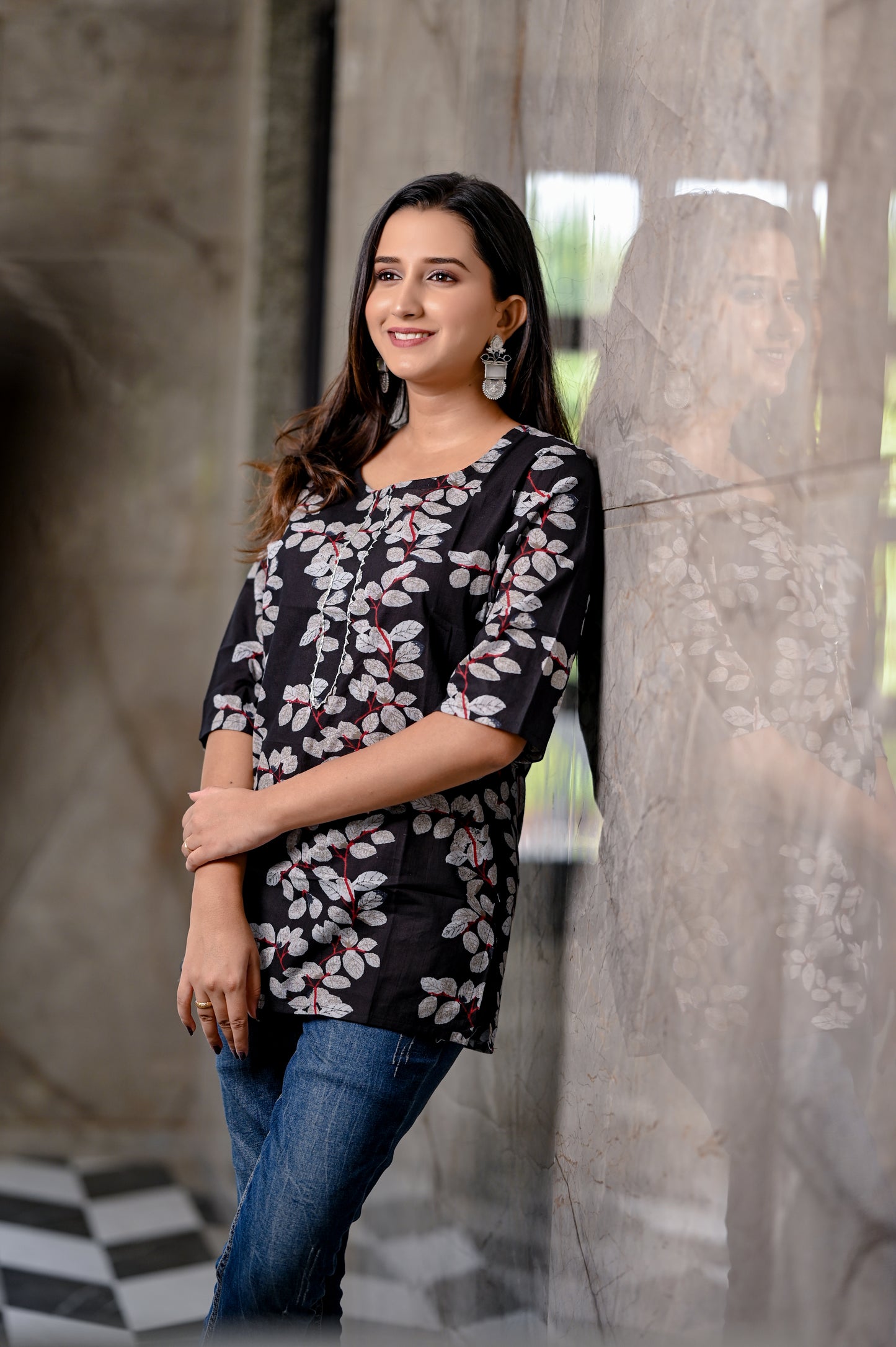 Black Floral Printed Cotton Short Kurti