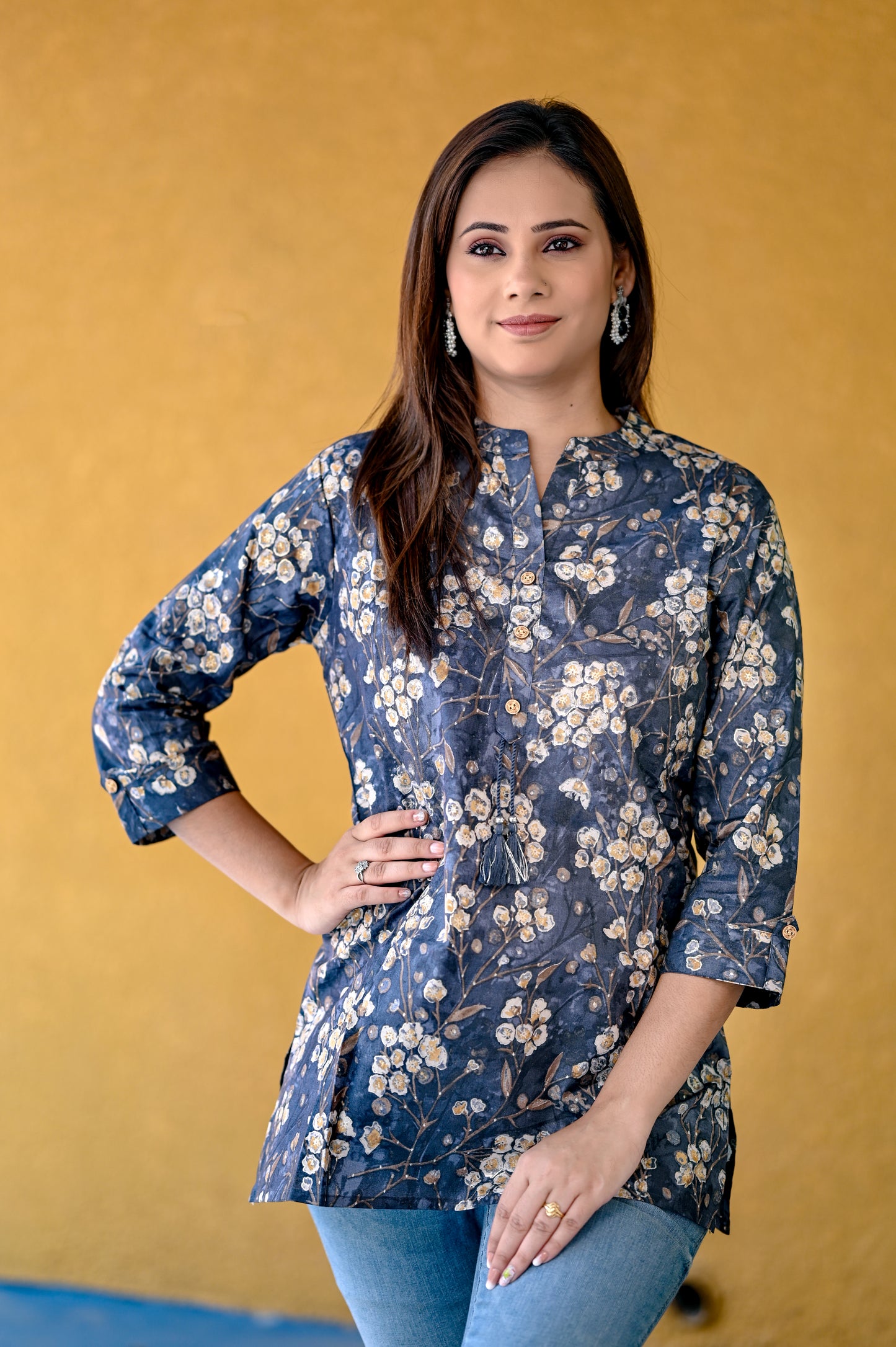 Grey Golden Floral Print Premium Cotton short Tunic