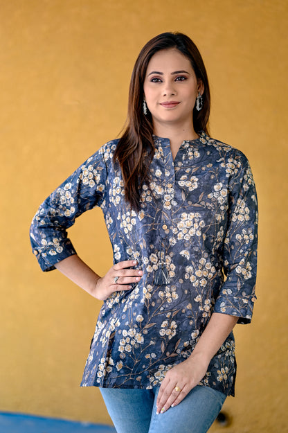 Grey Golden Floral Print Premium Cotton short Tunic