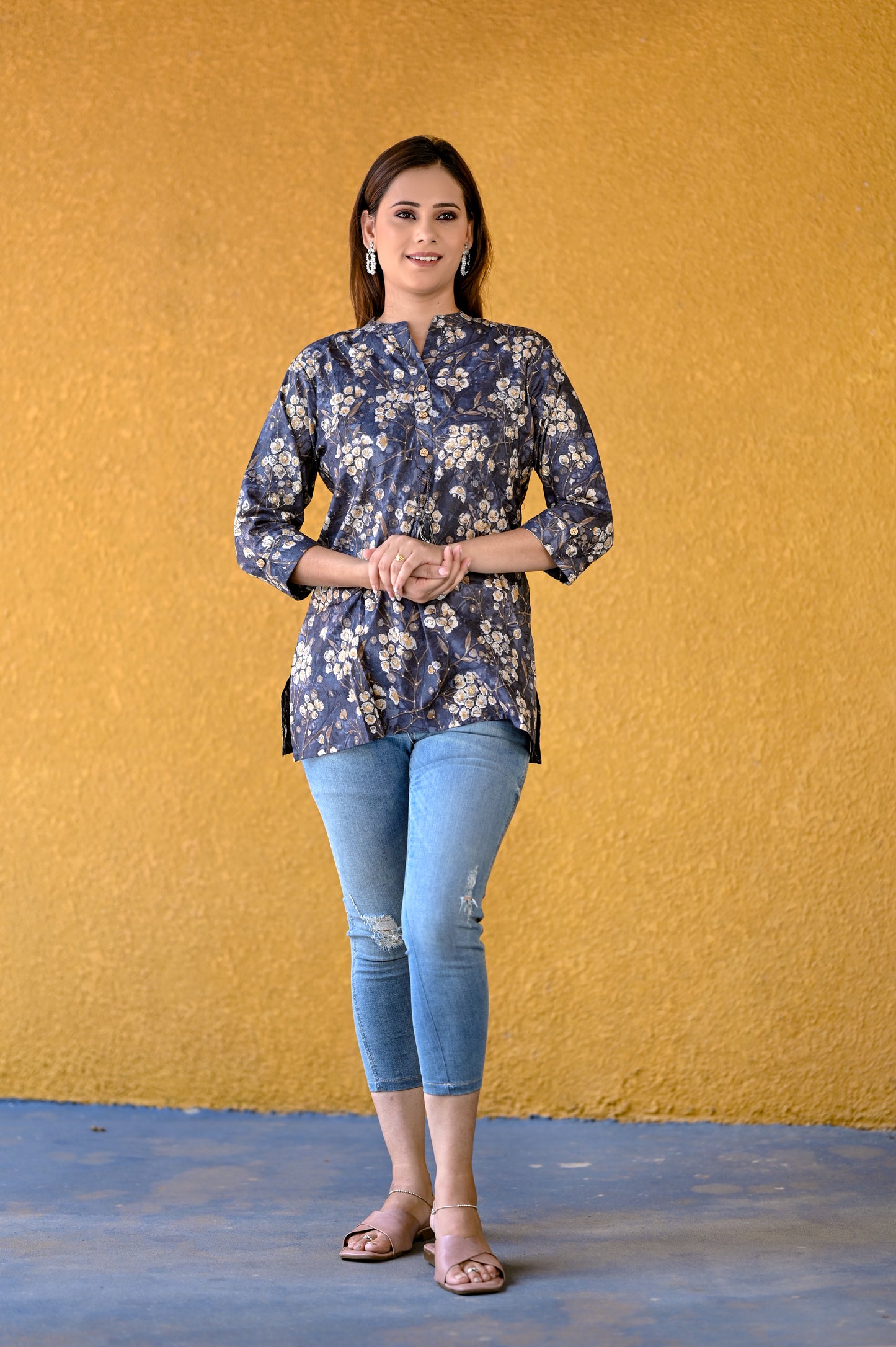 Grey Golden Floral Print Premium Cotton short Tunic