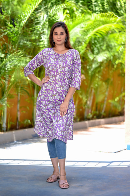 Purple Floral Printed Straight Kurta
