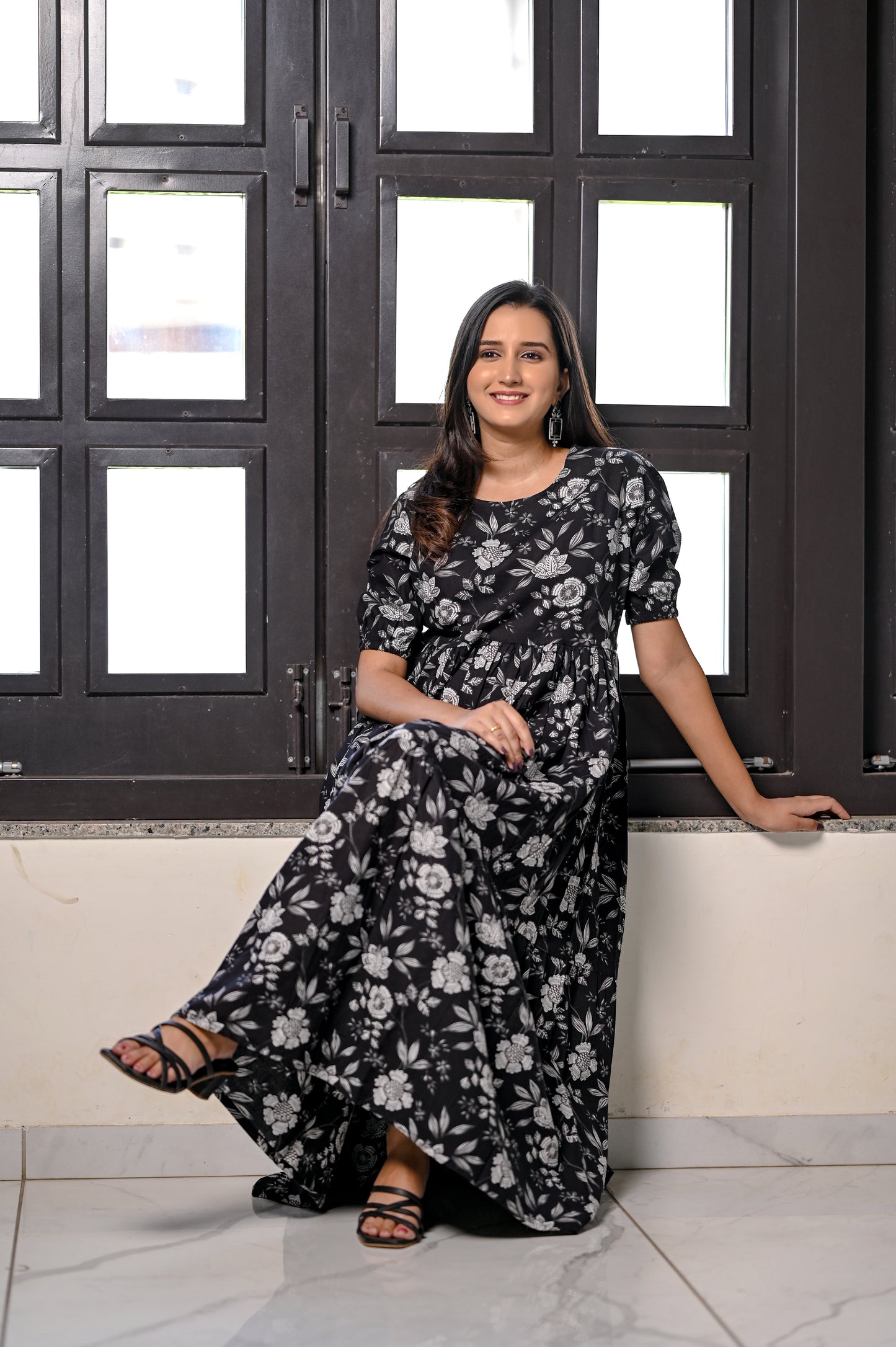 Black Floral Printed Cotton Maxi Dress