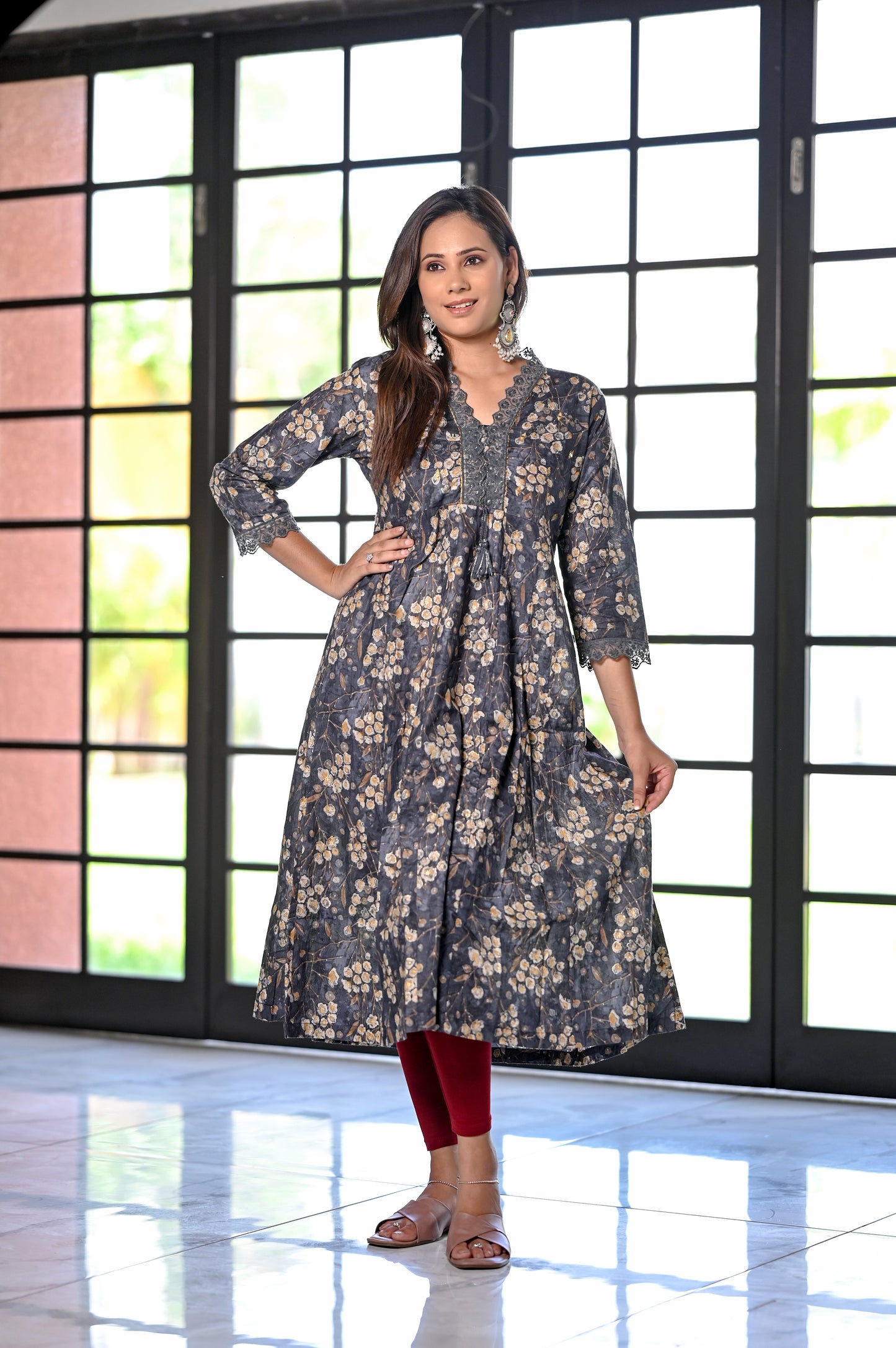 Charcoal Grey Golden Floral Printed Gathered Kurta