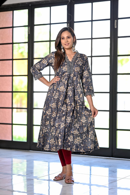 Charcoal Grey Golden Floral Printed Gathered Kurta