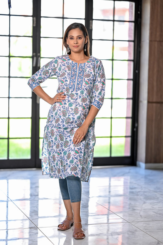 White & Blue Floral Printed Straight Kurta