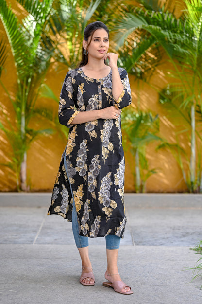 Black Floral Printed  Straight Kurta