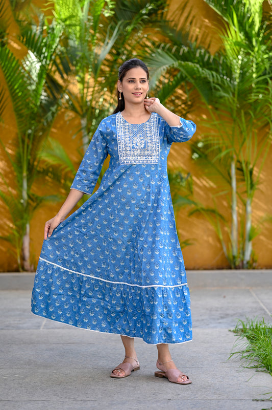True Blue & White  Premium Cotton Maxi Dress