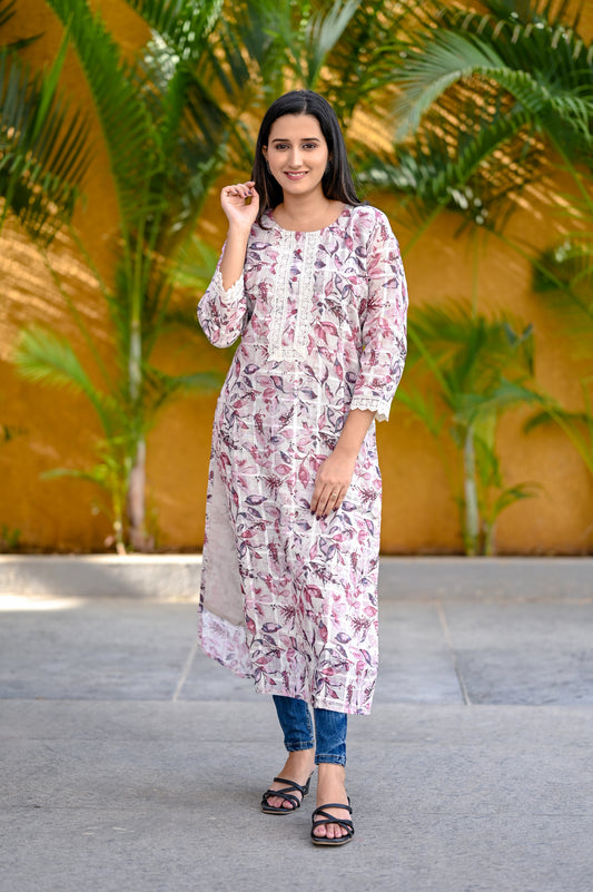 White Floral Printed Lace Work Straight Kurta