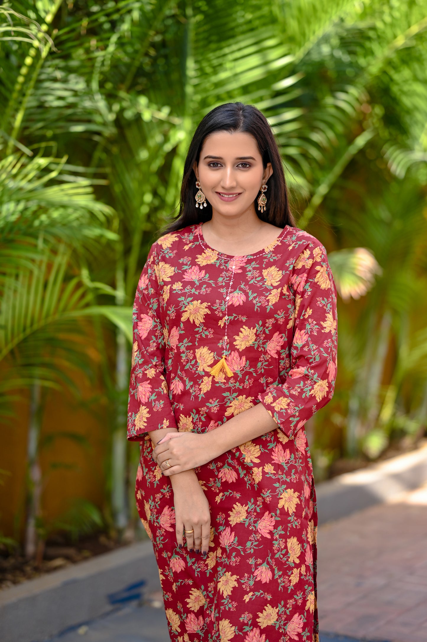 Maroon Floral Printed  Straight Kurta
