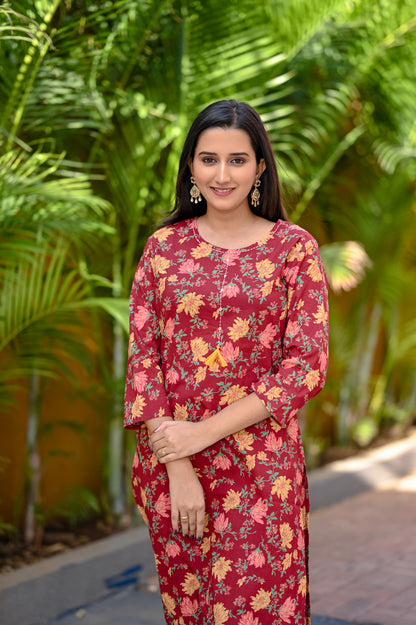 Maroon Floral Printed  Straight Kurta