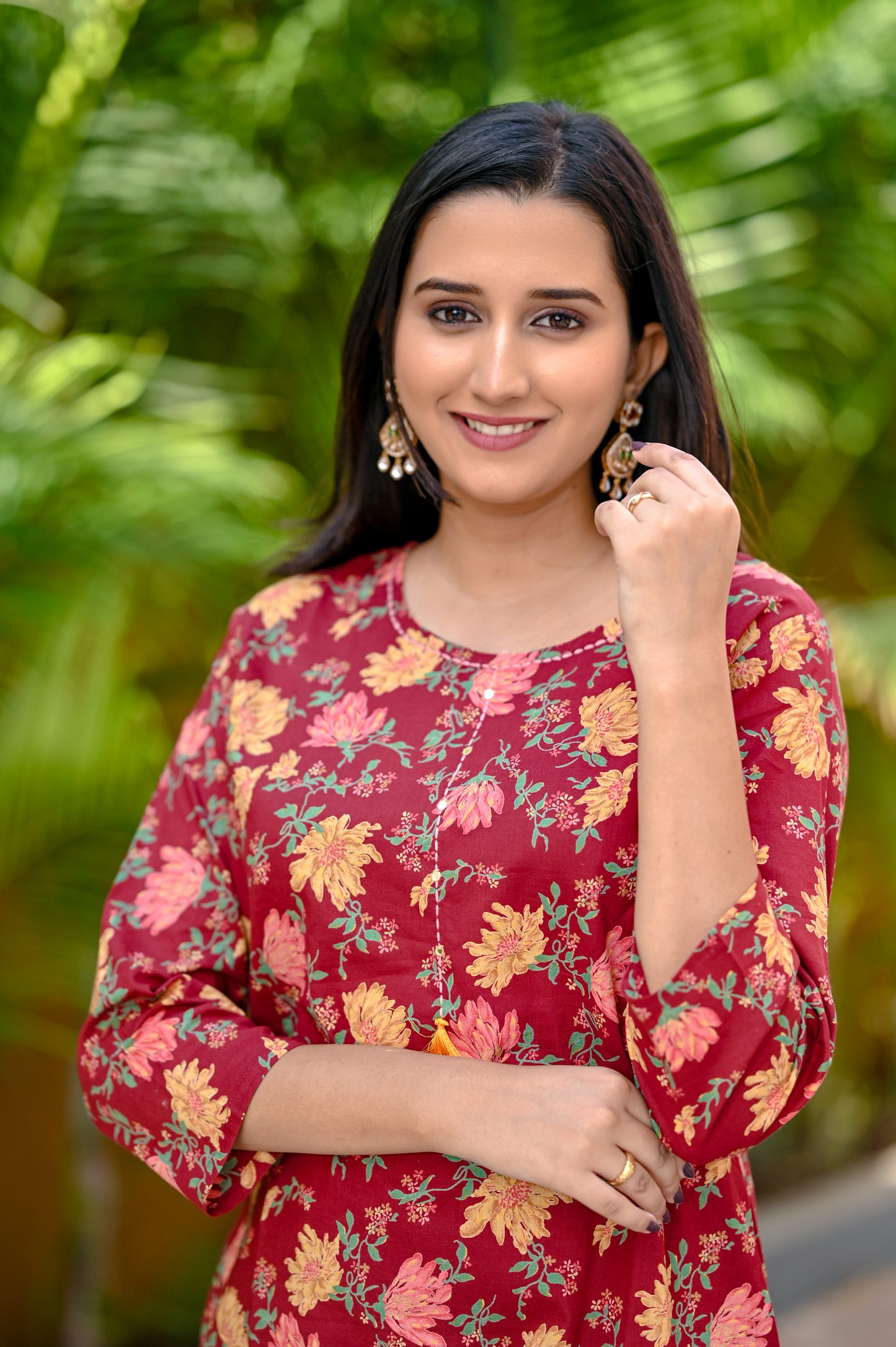 Maroon Floral Printed  Straight Kurta
