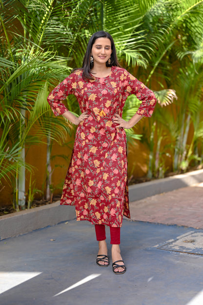 Maroon Floral Printed  Straight Kurta