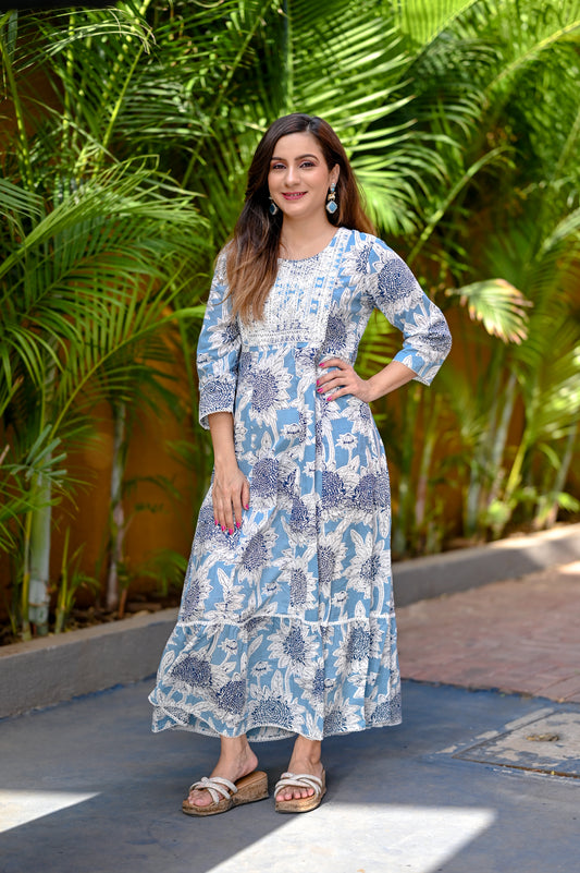 Sky Blue & White  Floral Printed Premium Cotton Maxi Dress