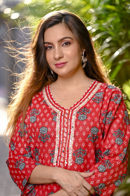 Red & White Printed Premium Cotton Straight Kurta Pant Set