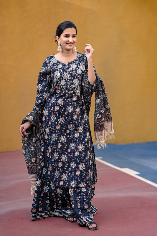 Black Hand Block Printed Premium Cotton Sharara Set