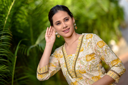Canary Yellow V Neck Printed Premium Straight Kurta Pant Set