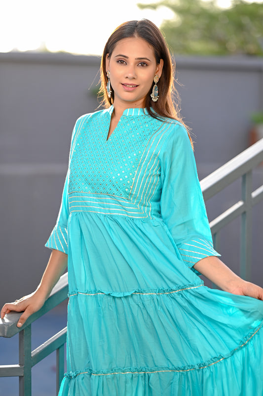 Torquoise blue Embellished Tiered Mulmul Cotton Dress