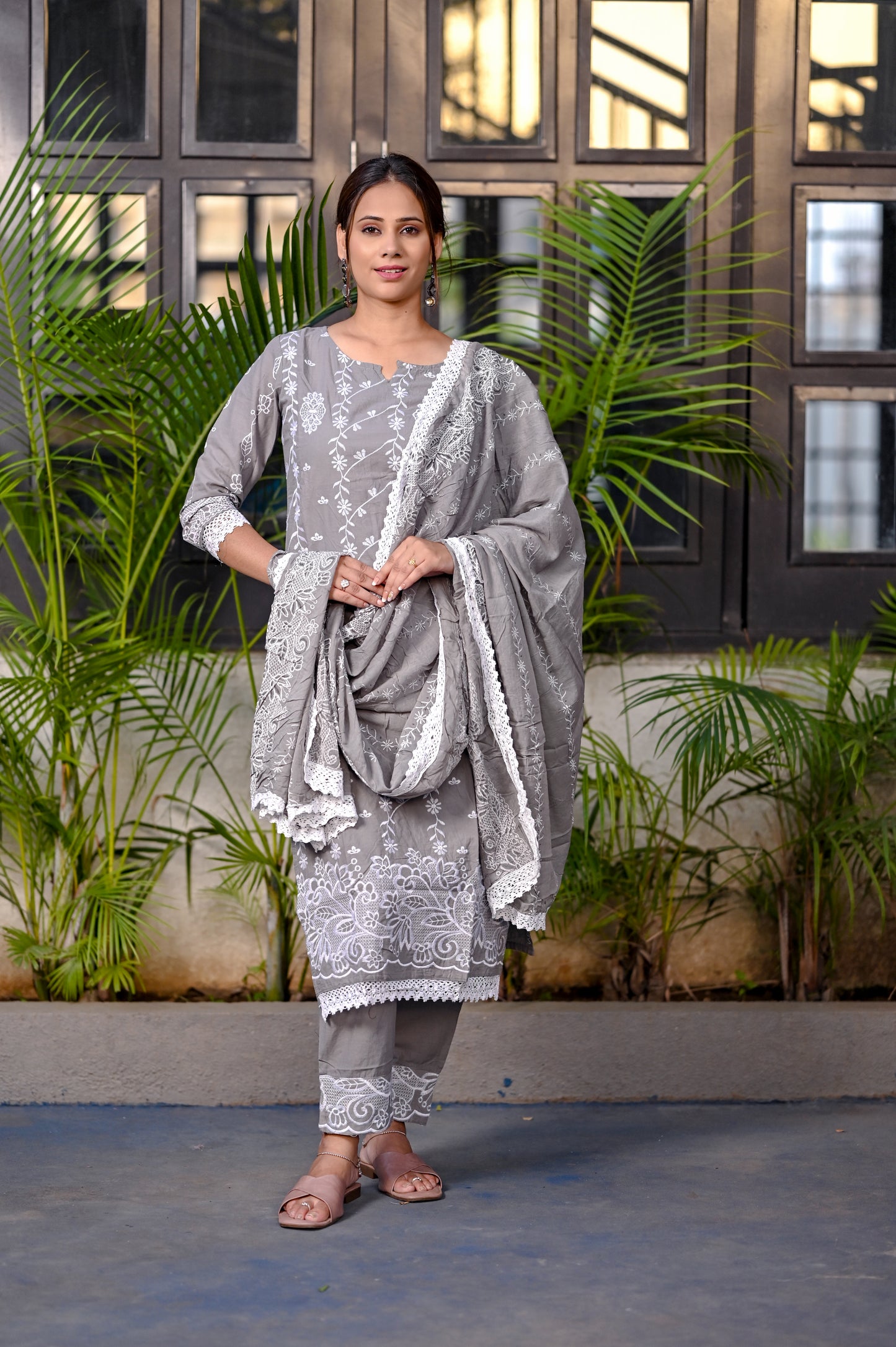 Grey Embroided Cotton Kurta Pant Duptta Set