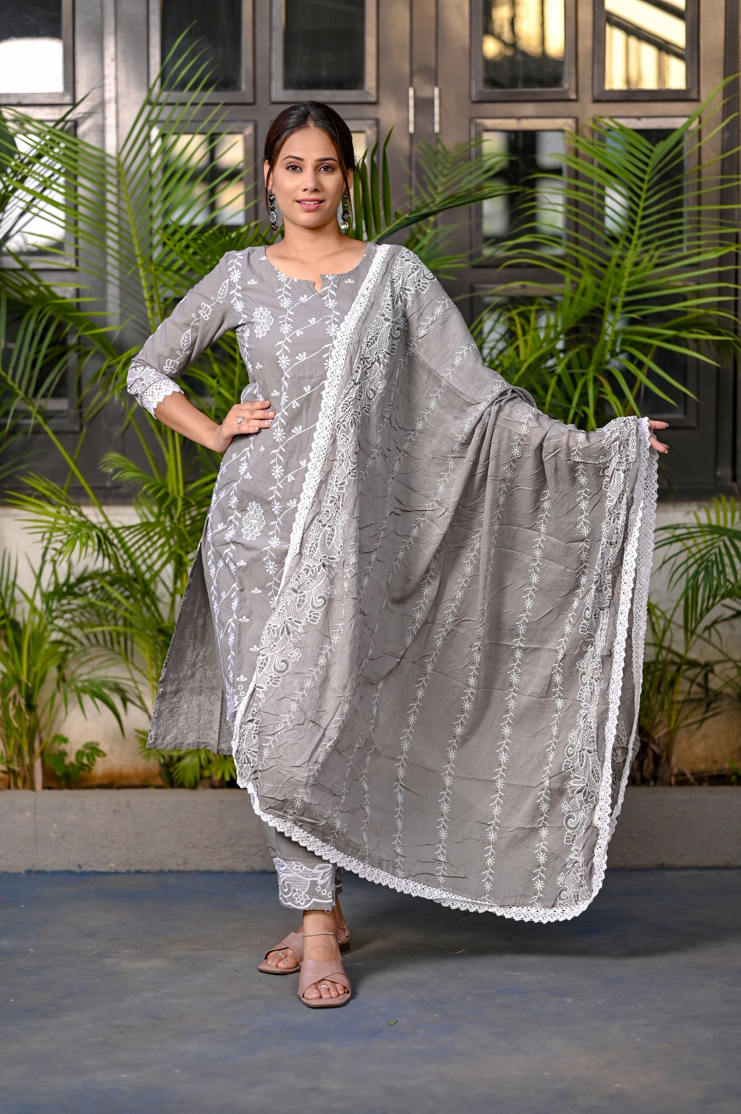 Grey Embroided Cotton Kurta Pant Duptta Set