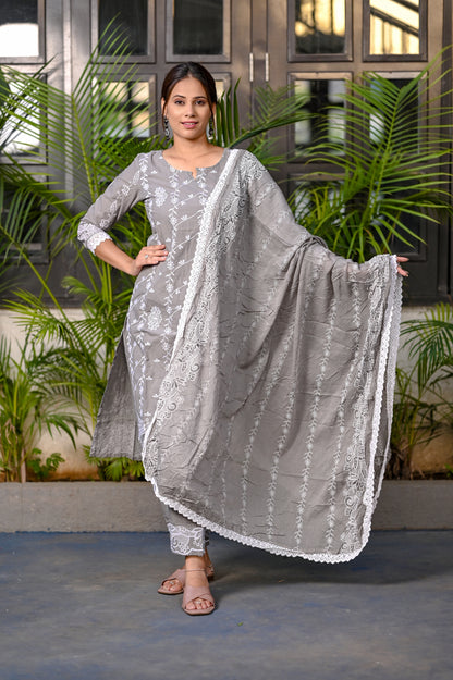 Grey Embroided Cotton Kurta Pant Duptta Set