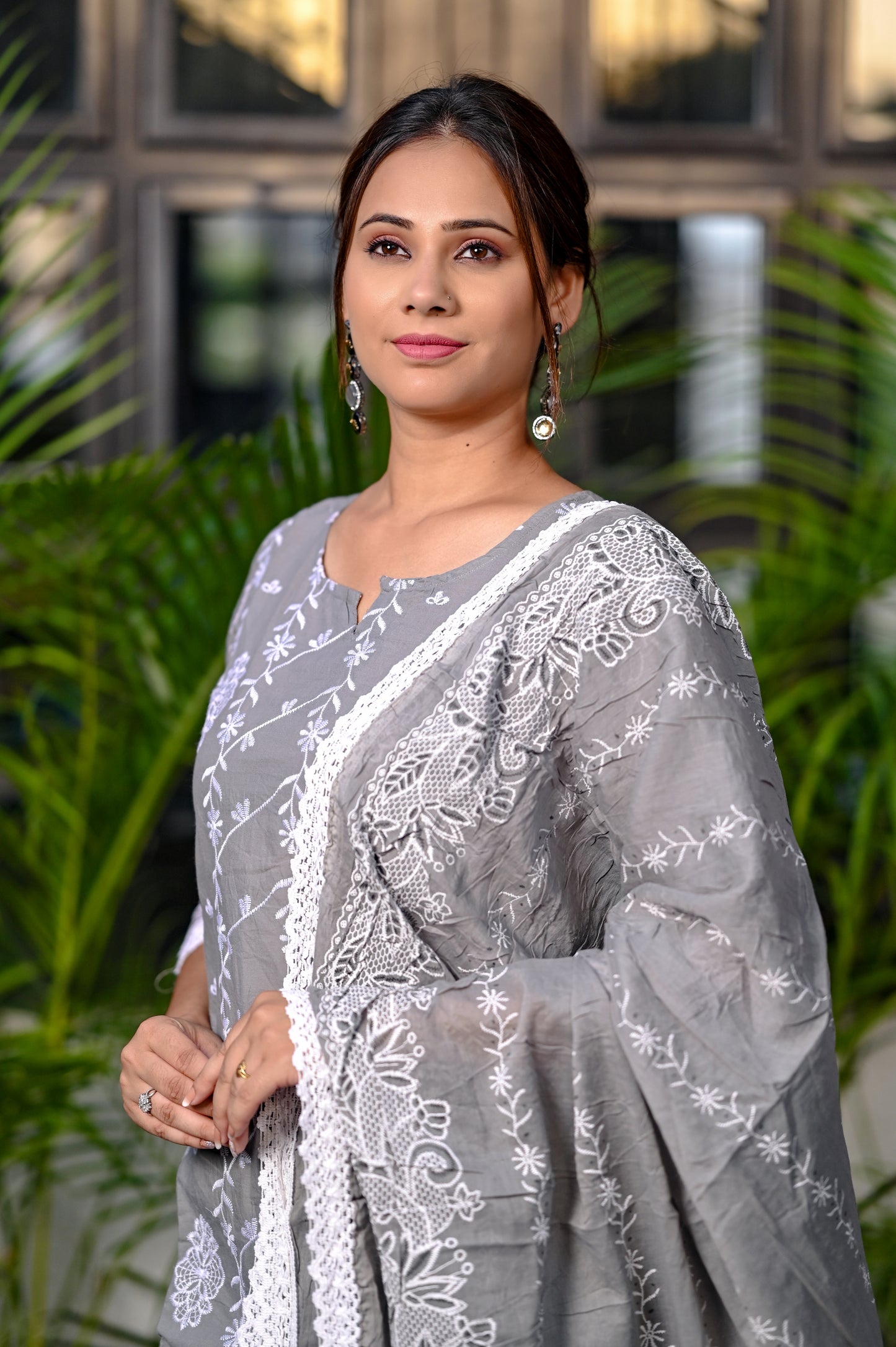 Grey Embroided Cotton Kurta Pant Duptta Set