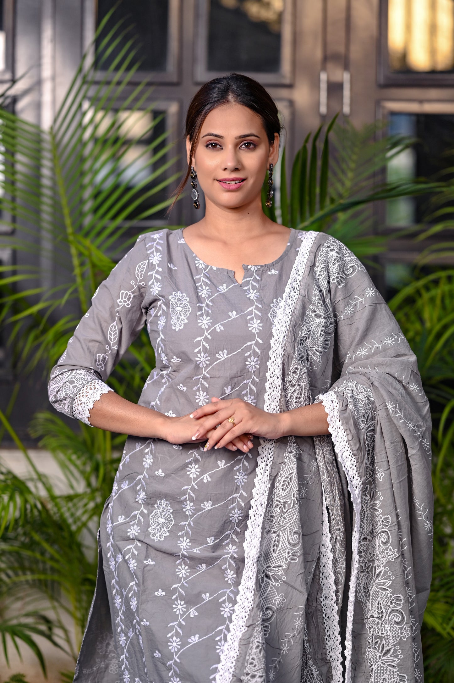 Grey Embroided Cotton Kurta Pant Duptta Set