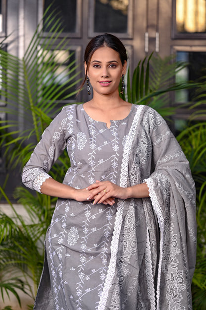 Grey Embroided Cotton Kurta Pant Duptta Set