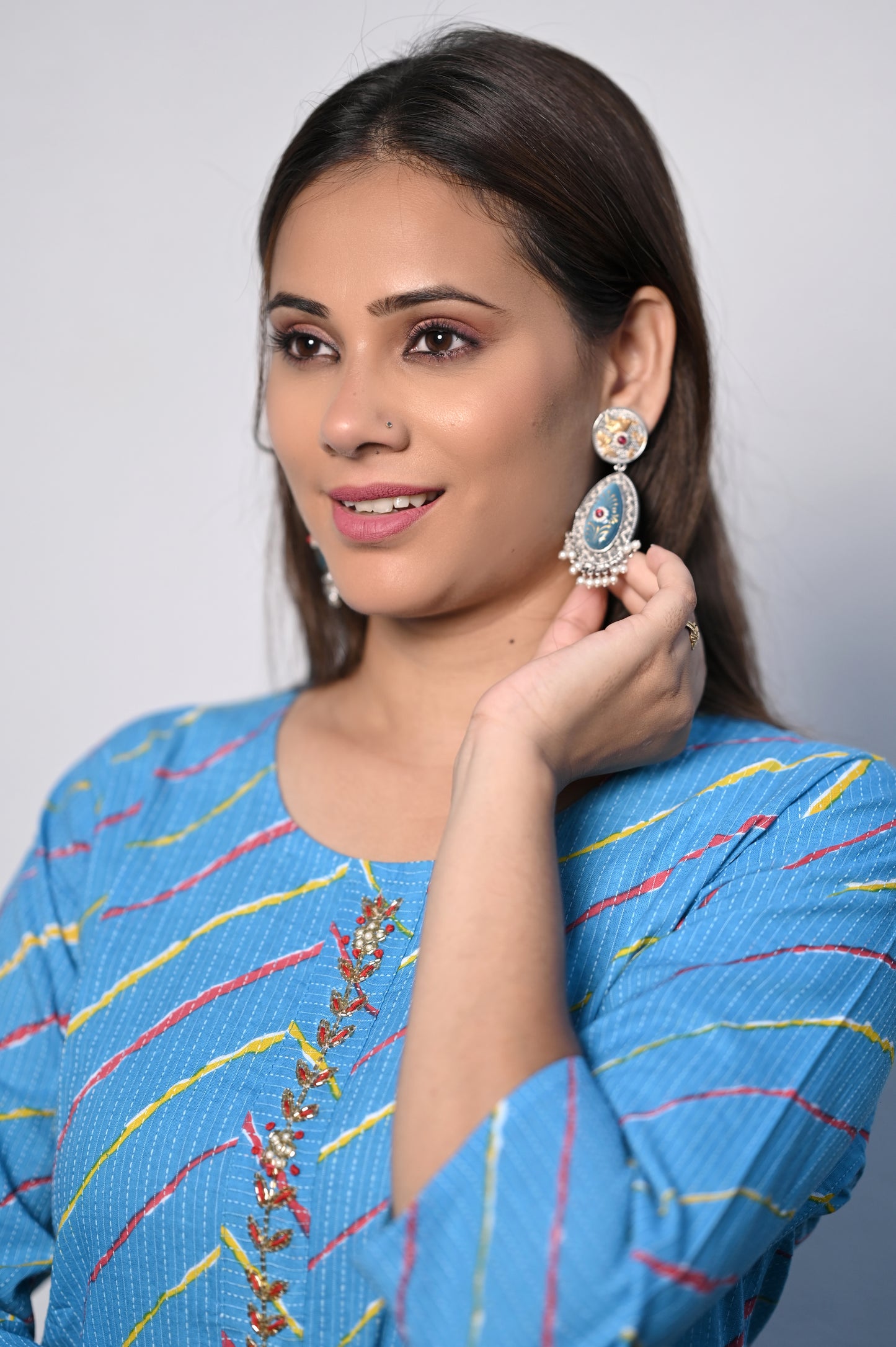 Multicolored  Laheriya Printed Embroided  Neckline Straight Kurta