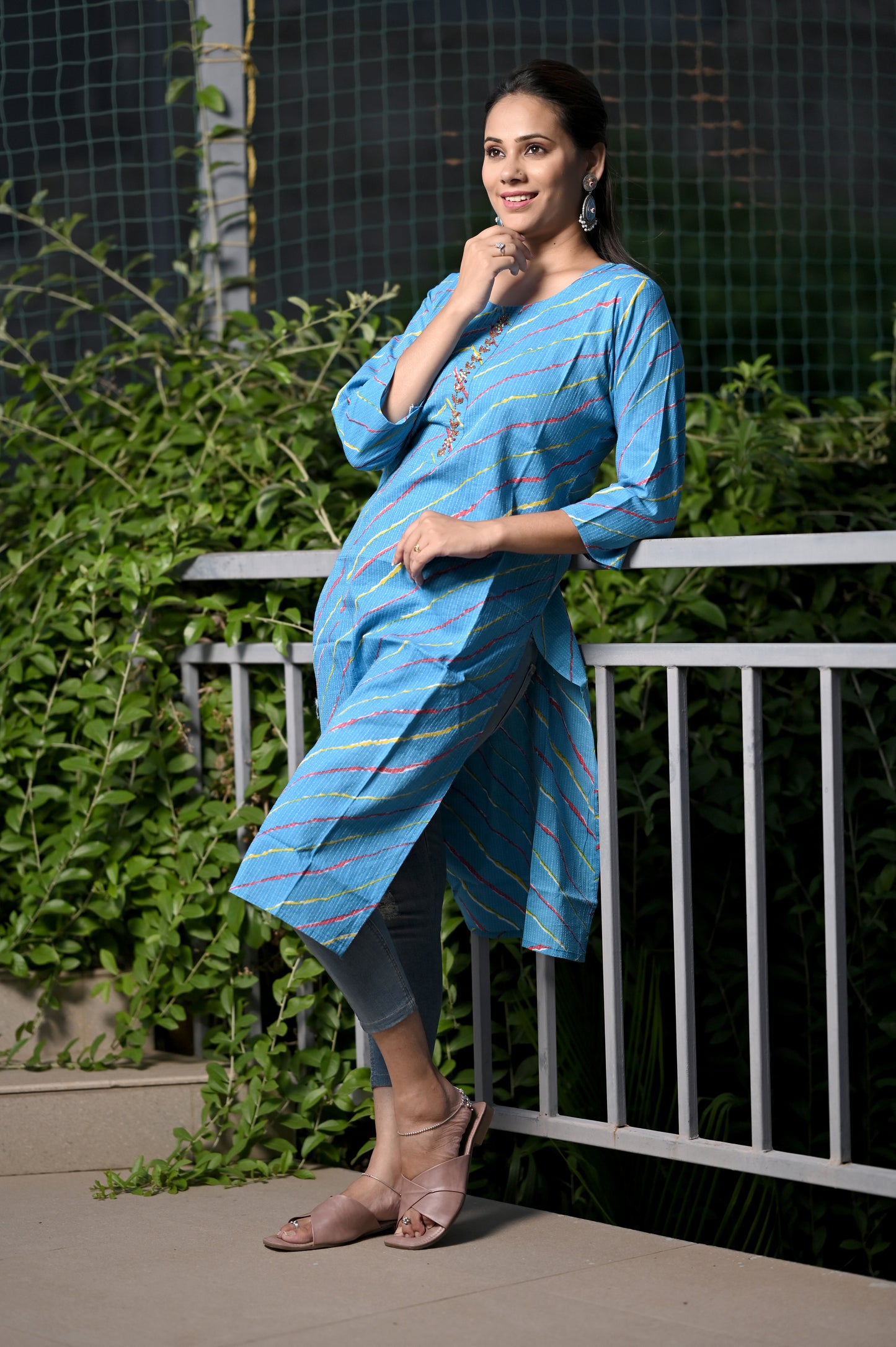 Multicolored  Laheriya Printed Embroided  Neckline Straight Kurta