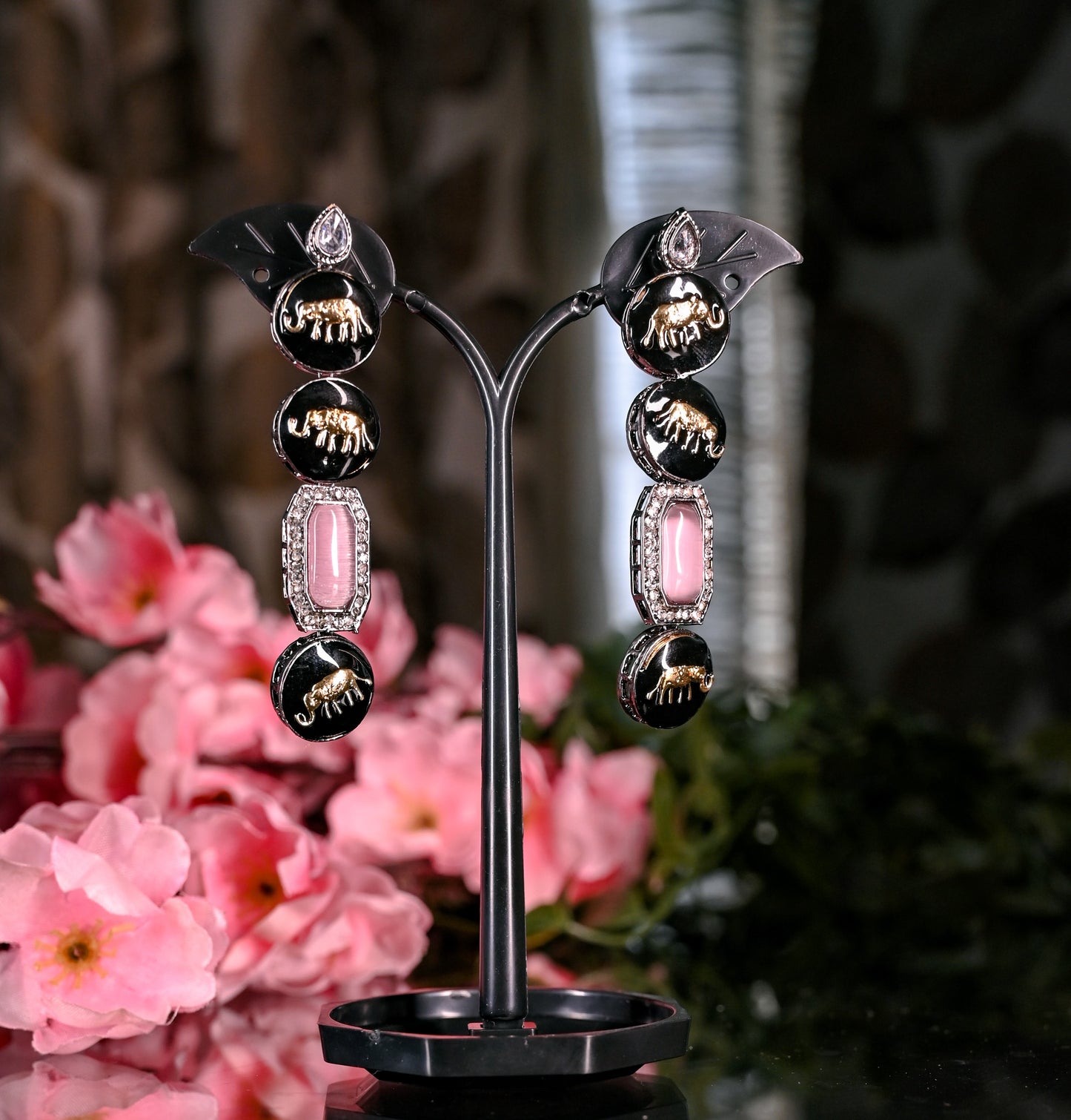 Handcrafted Pink Zircon AD Studded Contemporary Drop Earrings