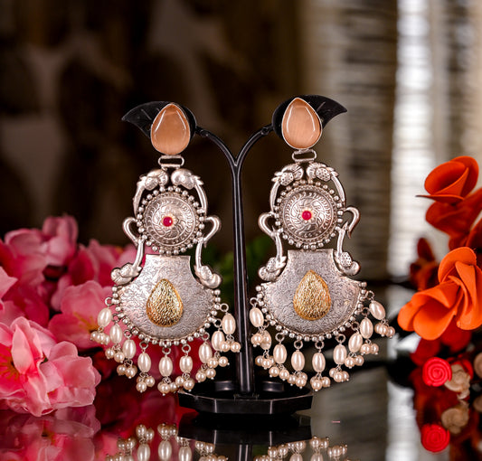Handcrafted Oxidized Silver Pearl Beaded Long Dangler Earrings