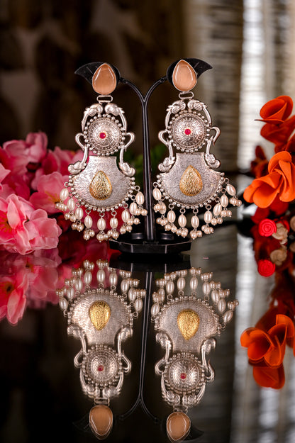 Handcrafted Oxidized Silver Pearl Beaded Long Dangler Earrings
