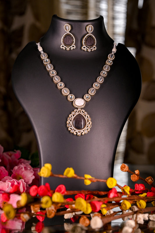 Oxidized Silver Antique Moissanite Polki Necklace Set