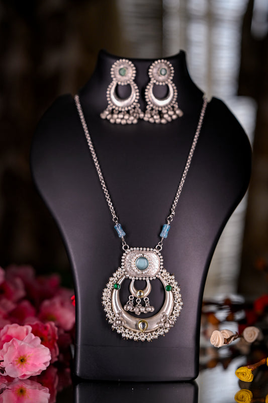 Stunning Oxidized Silver Blue Stone Long Necklace Set