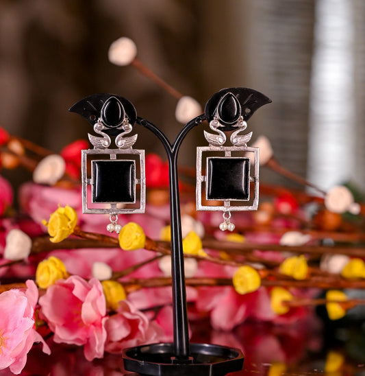 Nature Inspired Oxidized silver Pearl Drop Black Stone Earrings