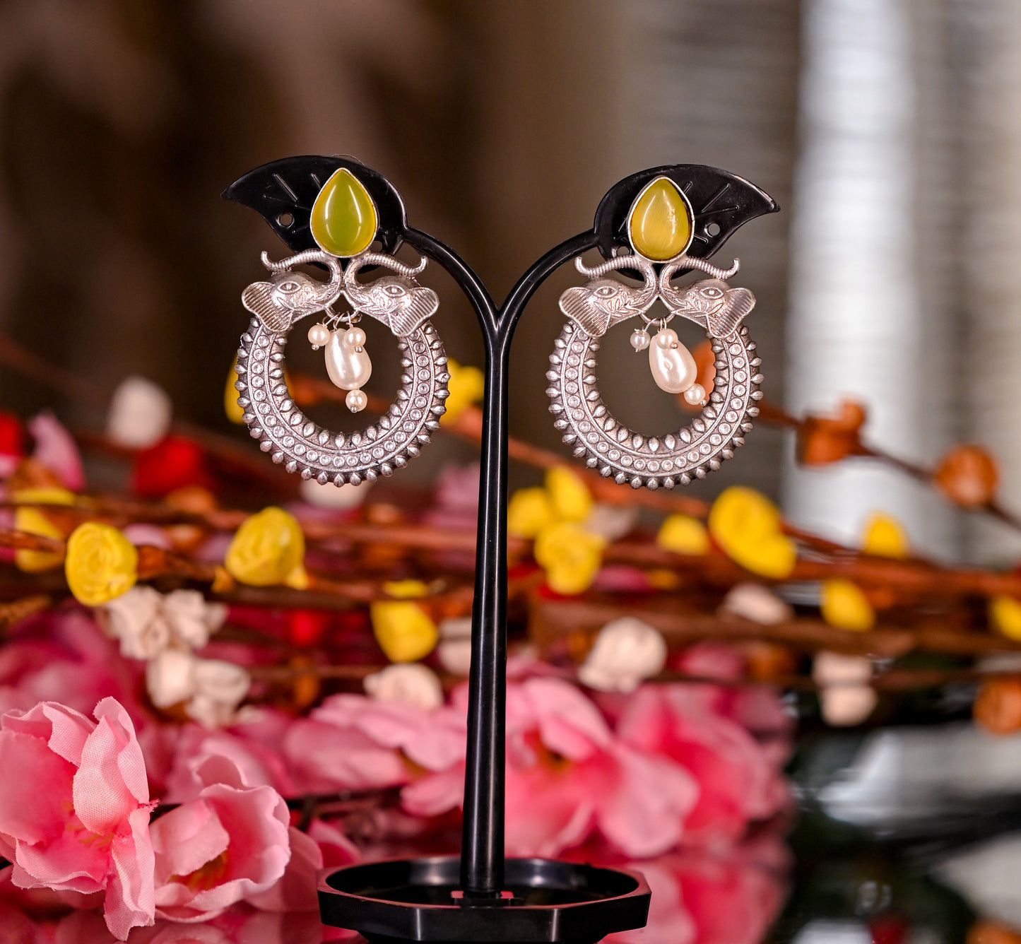 Oxidized Silver Yellow Zircon Pearl Drop Dangle Earrings