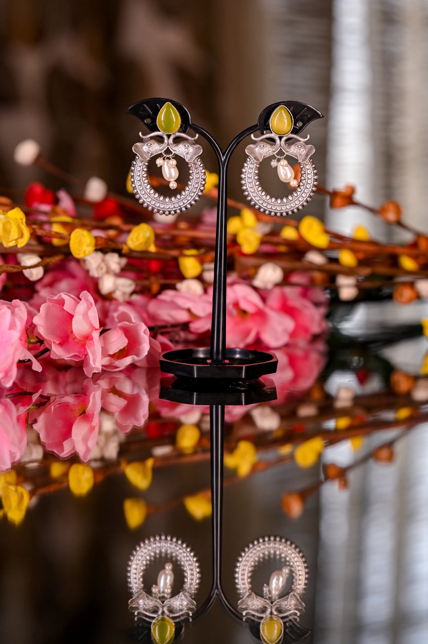 Oxidized Silver Yellow Zircon Pearl Drop Dangle Earrings