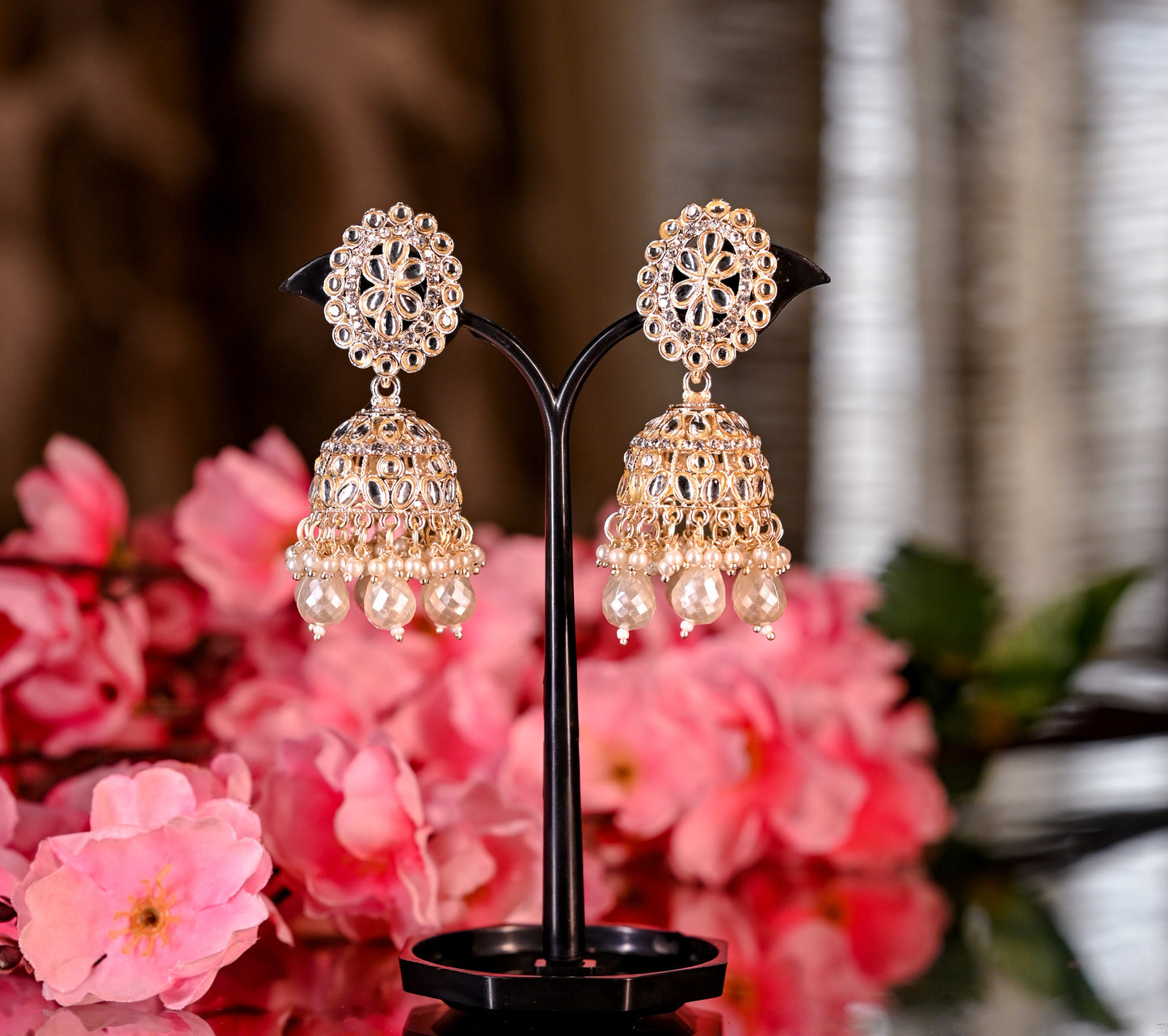 Traditional Silver Toned Zircon Pearl Beaded Jhumkas