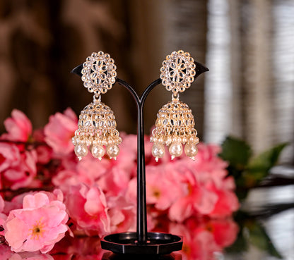 Traditional Silver Toned Zircon Pearl Beaded Jhumkas