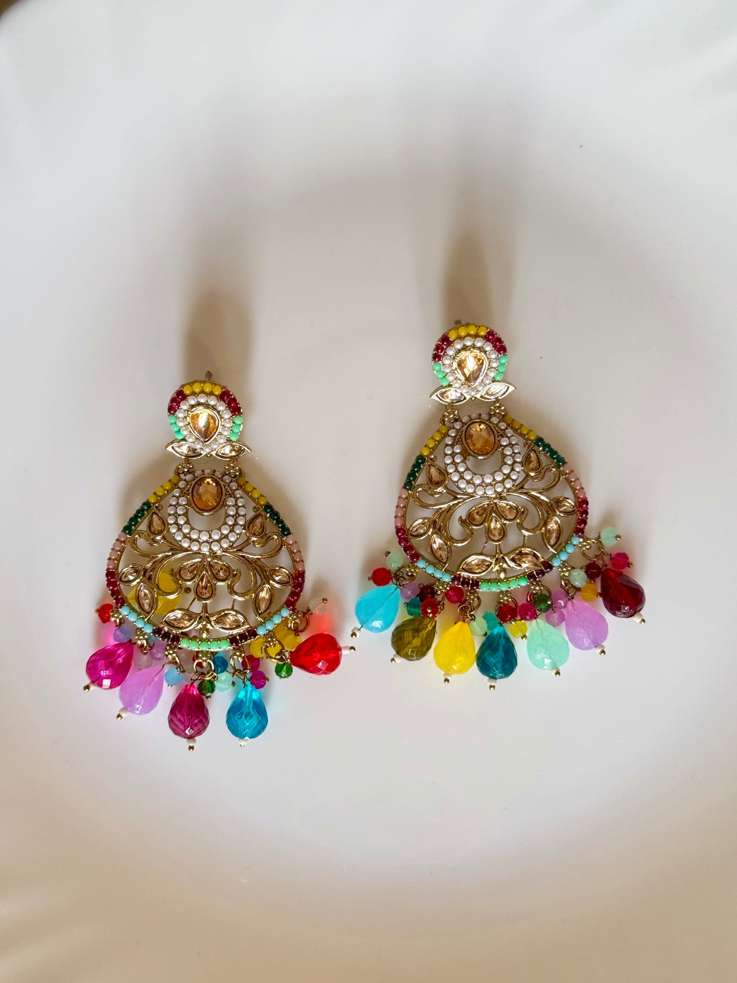 Vibrant Multicolored Natural Hydraulic Stones Kundan Earrings