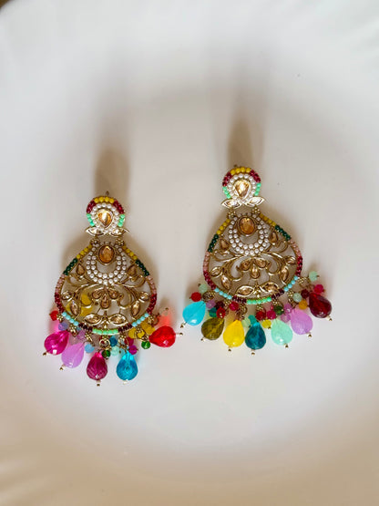 Vibrant Multicolored Natural Hydraulic Stones Kundan Earrings